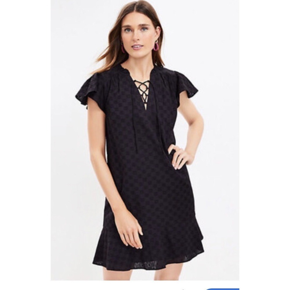 Loft Lace Up Flounce‎ Swing Dress Black Size Lg Lightweight NEW 99$